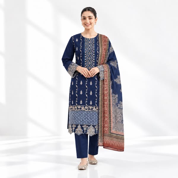 Navy Blue Embroidered Cotton 3-Piece Suit
