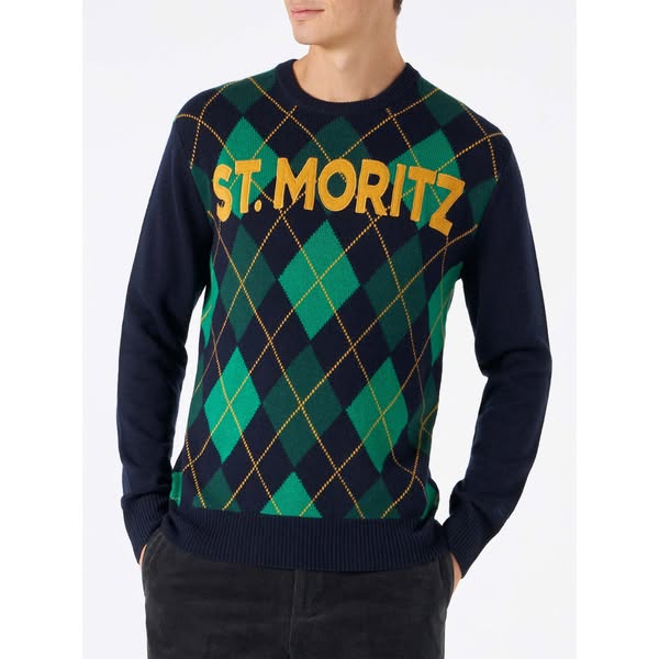 Navy blue Heron crewneck sweater with argyle jacquard
