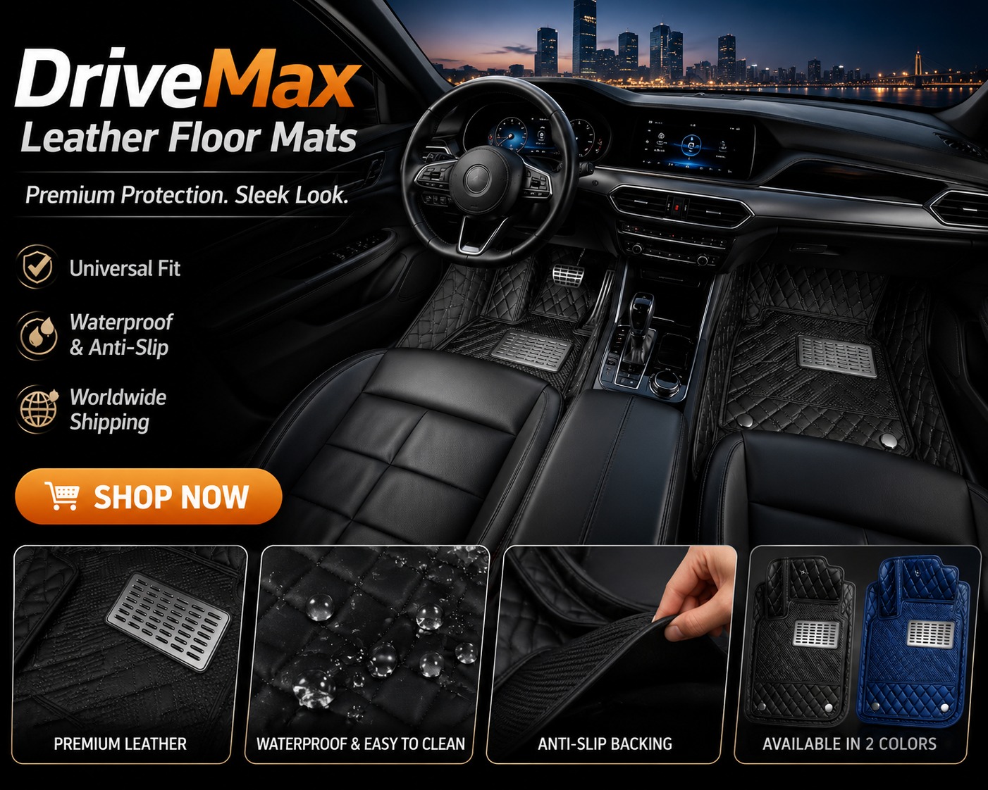 Premium 5-layer leather floor mats for cars, SUVs & trucks. Waterproof · Non-slip · 5-min install · 50% off today