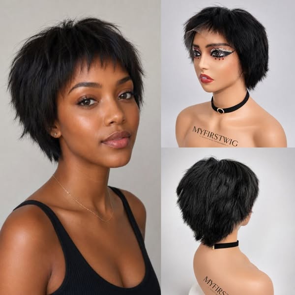 6” Short Layered Pixie Cut Wig with Choppy Bangs
