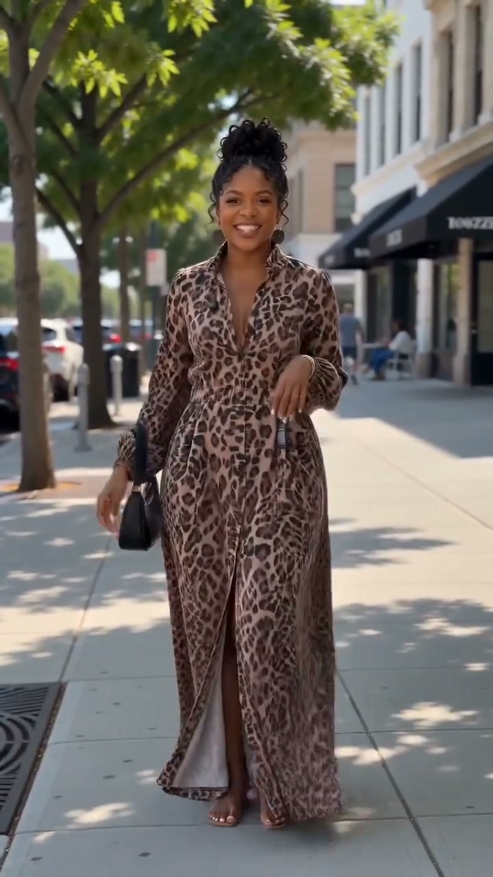 Contrast Color Leopard Pleated Maxi Dress