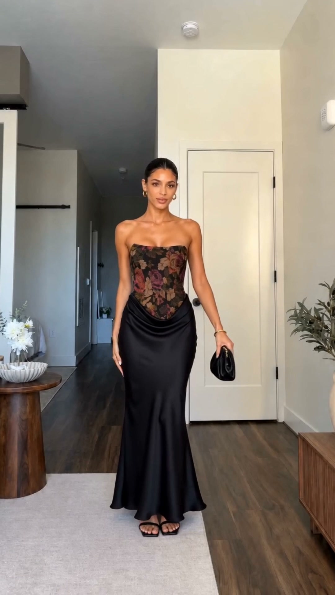 Strapless Jacquard-Look Satin Draped Maxi Dress