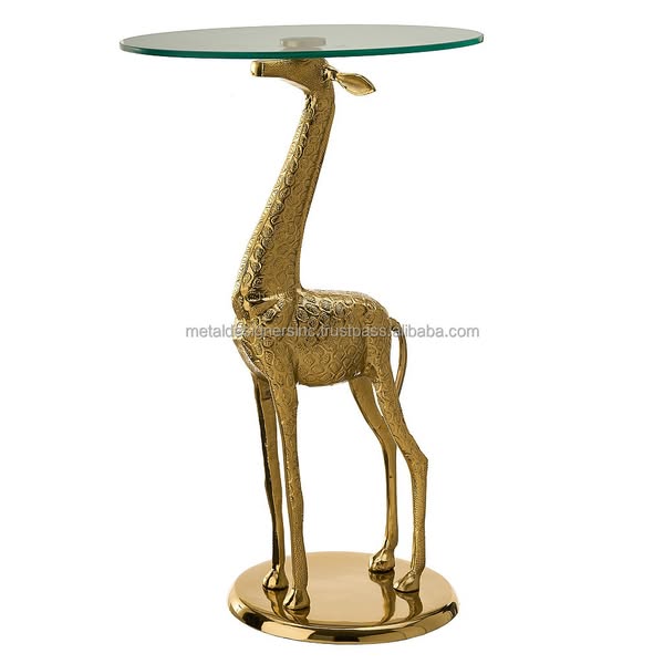 Gold Antique Giraffe Side Table With Round Glass Top Home Decor Furniture for Living Room Furniture Simple and Attractive Tables