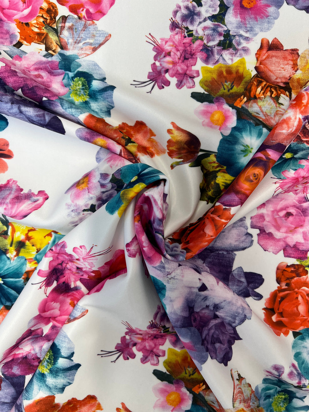 White Multicolour Spring Floral Scuba – £5.99/m
