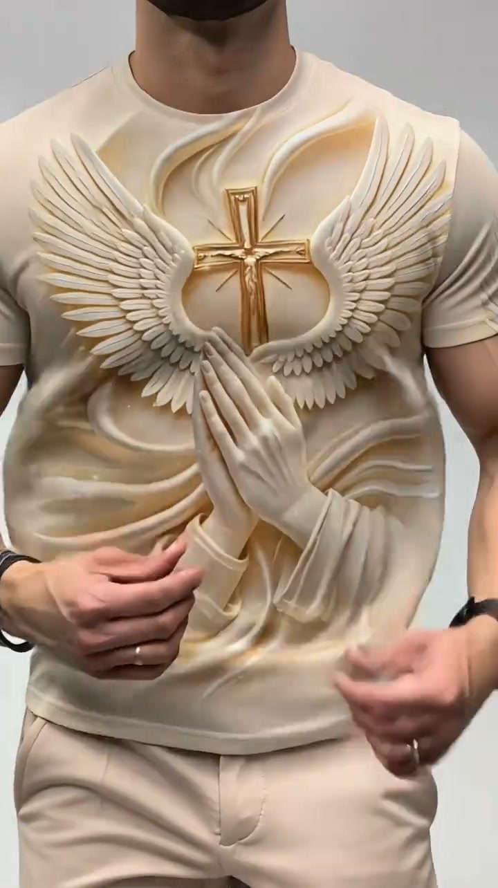 Men’s Faith Cross Angel Wings Prayer Graphic T‑Shirt