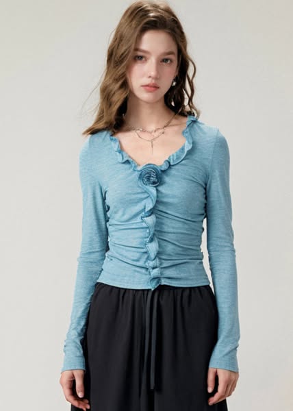 Boutique Blue V Neck Ruffled Cotton T Shirts Top Fall Grey-S(Fit for EU 38-40, US 6-8, UK/AU 10-12, IT 42-44)