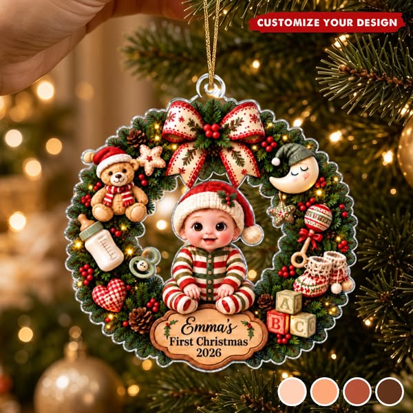 Personalized Baby 1st Christmas Acrylic Wreath Ornament, Custom Baby Name Christmas Keepsake
