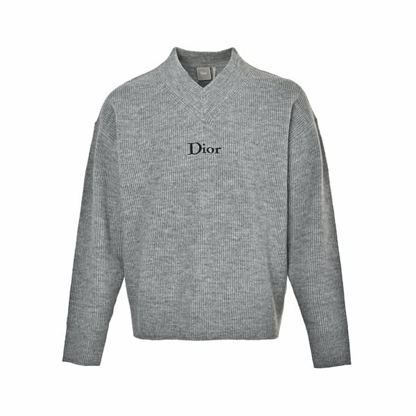Embroidered Logo Ribbed V-Neck Sweater - Grey