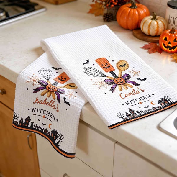 Custom Name Pumpkin Kitchen Utensils Waffle Weave Dish Towel, Microfiber Absorbent Kitchen Towel, Housewarming/Halloween Gift for Hostess/Fa