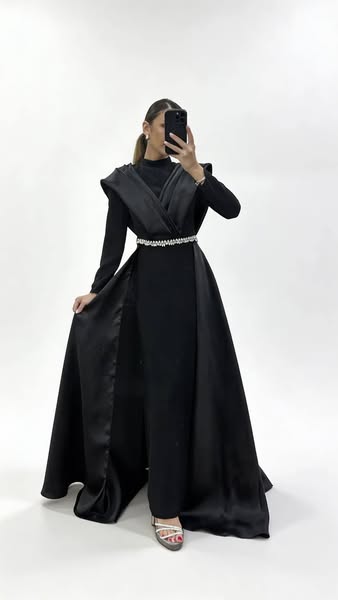 Vestido de Noche Negro Cuello Alto Hombro Detalle Drapeado Tesettur €166.12