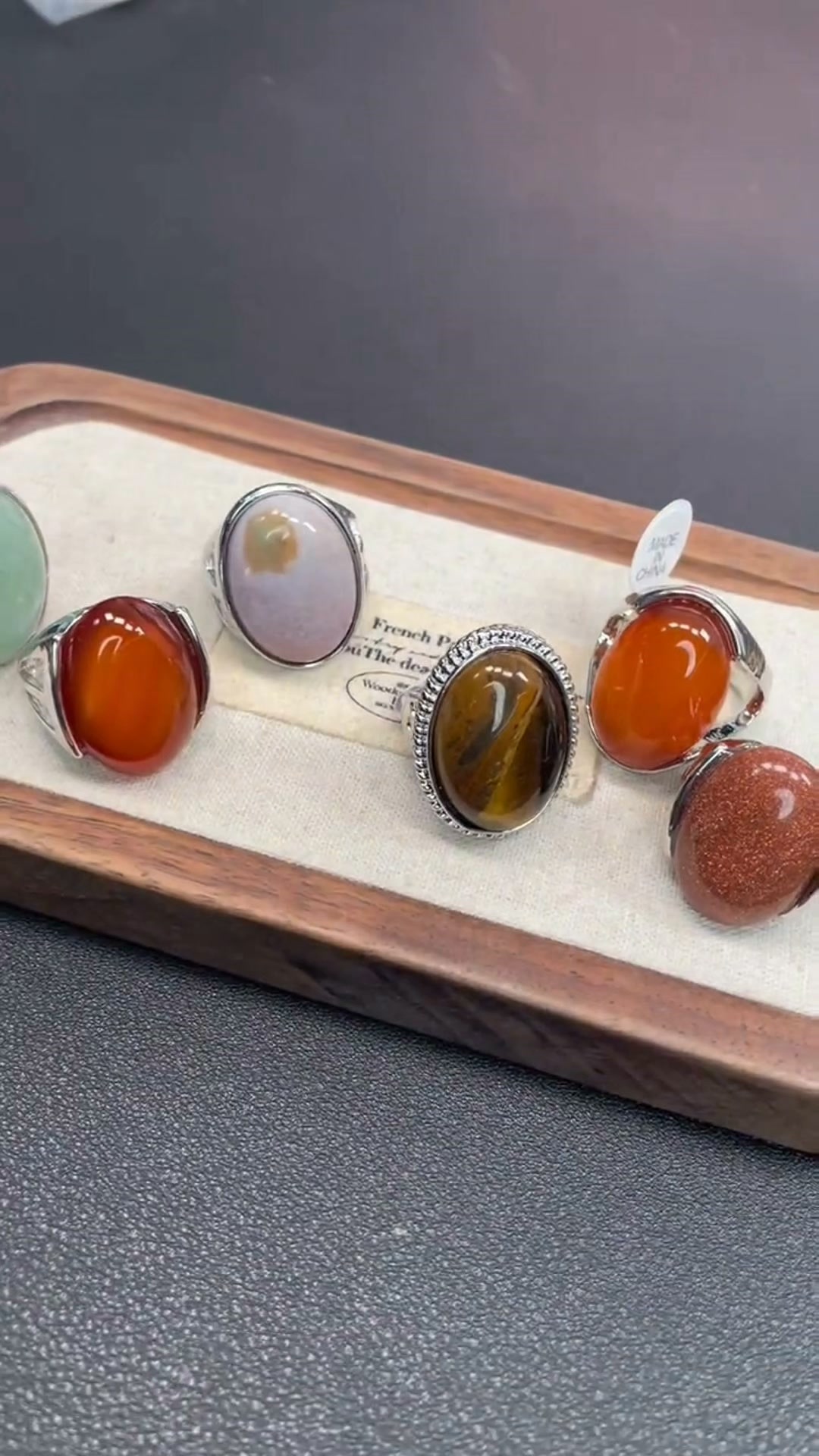 Vintage Natural Gemstone Open Ring – Silver-Tone, Adjustable | 50% OFF