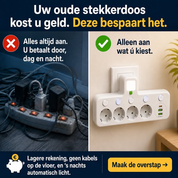 PlugMaster Connect – Stekkerdoos met USB & USB-C + Nachtlampje