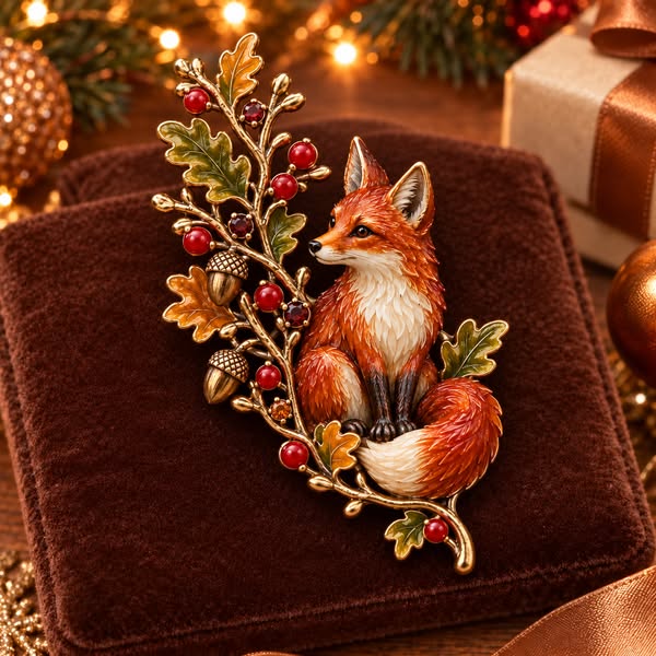 Save 47%! Autumn Woodland Fox Oak & Berry Country Brooch | Enamel & Crystal Details | A Little British Countryside Charm