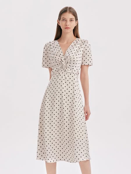 Beige Combo Print V-Neck Twisted Polka Dot Midi Dress