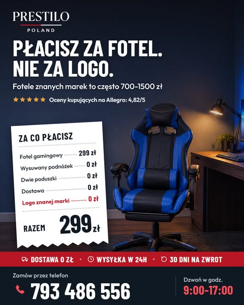 Płacisz za fotel, nie za logo | 299 zł, dostawa 0 zł