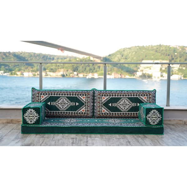Green Palace Elegance: Single Floor Sofa Set – Arabic Majlis Sofa – Modular Pallet Sofa Cushions – Floor Couch Seating