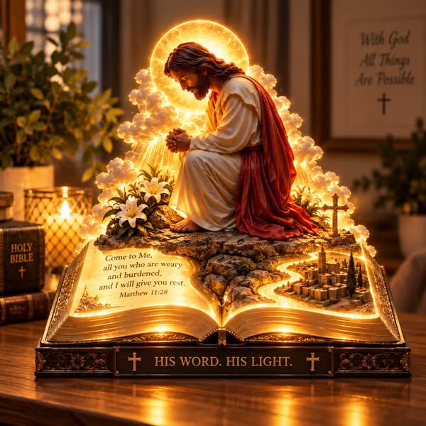 Faith Brings Peace™ — Illuminated Praying Jesus Figurine - His Word His Light