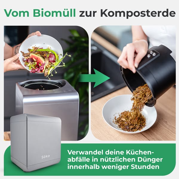 Verwandle Biomüll in 2–4 Stunden in frische Komposterde mit dem elektrischen Söko Komposter