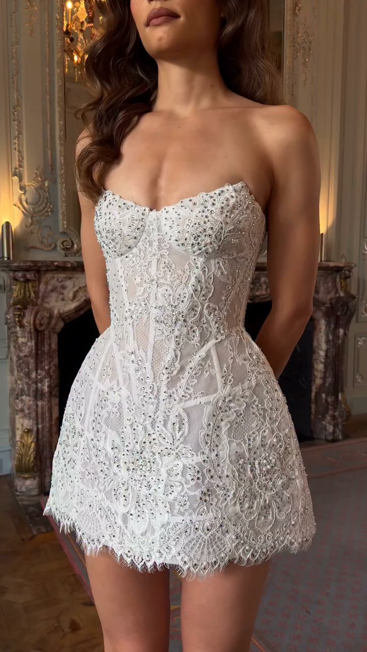 White Sheer Lace Sparkly Short Gown | Intimate Engagement Reception Wear