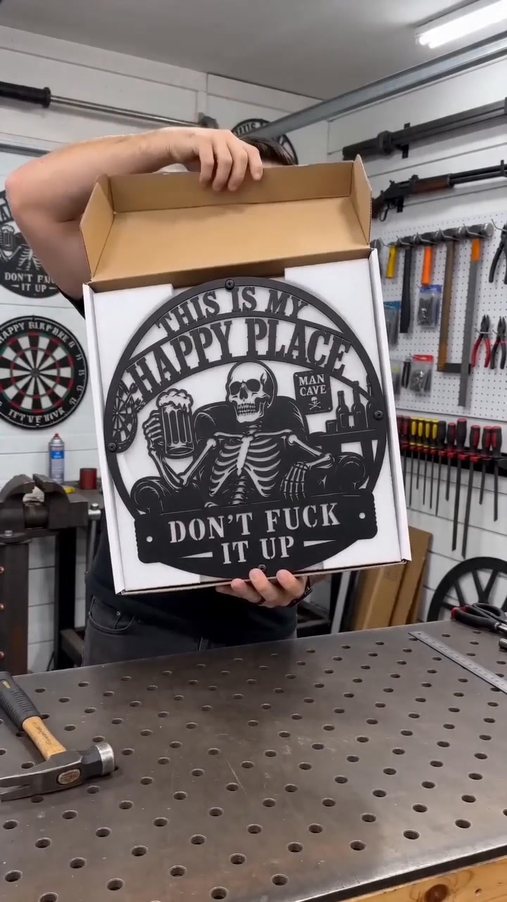 Skull Beer Metal Wall Art Sign – “This Is My Happy Place Don’t F*ck It Up” Man Cave Decor