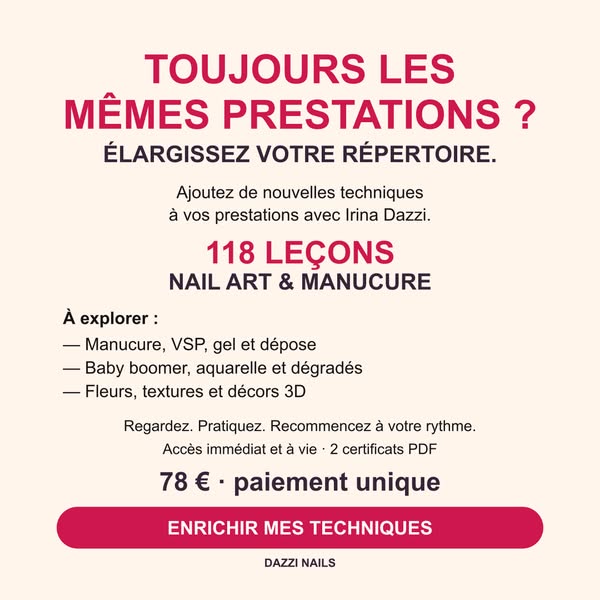 Offre spéciale : 59 leçons techniques + 59 leçons de Nail Art = 79 € au lieu de 118 €