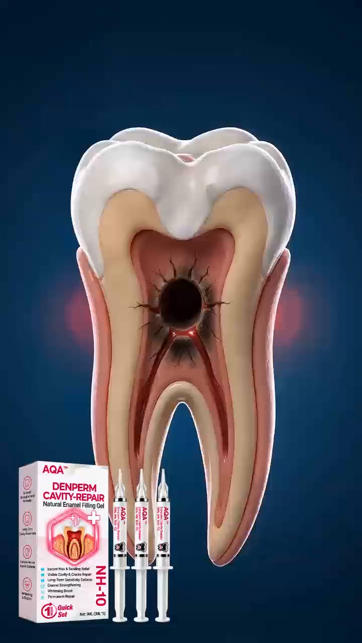 DenPerm Gel harnesses biomimetic 10% Nano-Hydroxyapatite (NH-10) to permanently fill cavities and reconstruct damaged enamel.