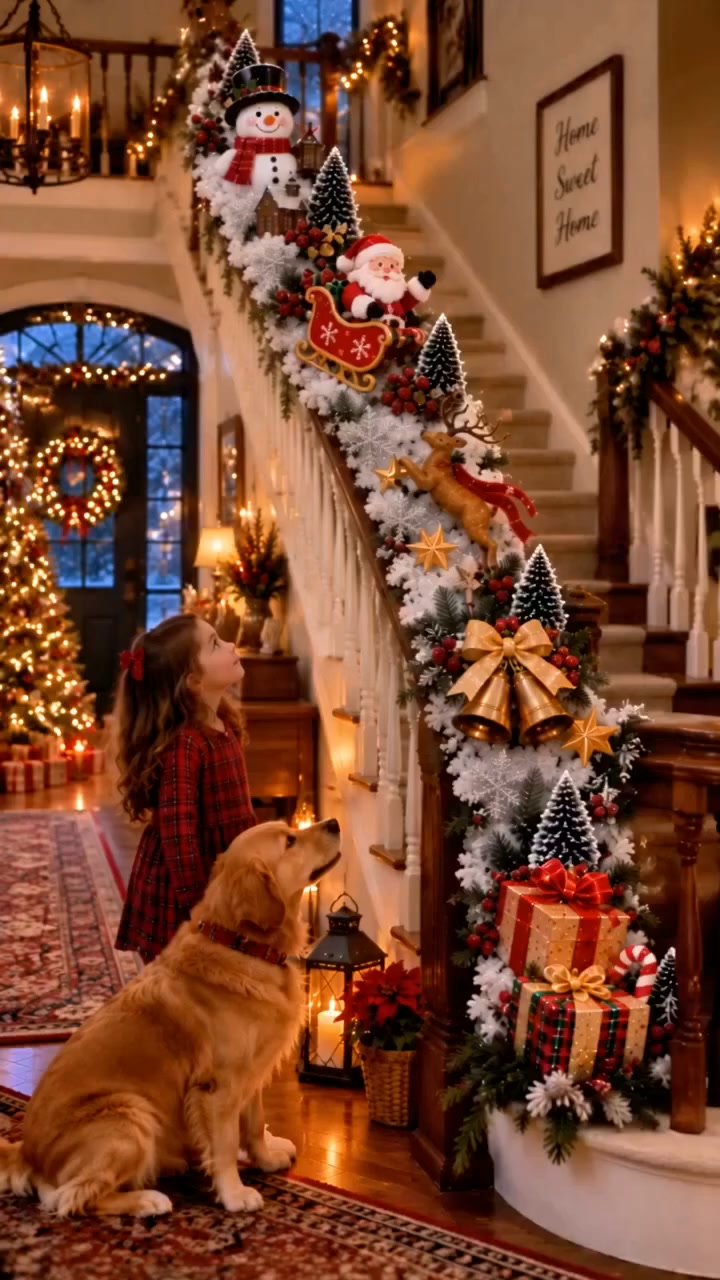 Santa’s Sleigh Snowy Banister Garland｜Story‑Themed Pre‑Lit Stair Railing Christmas Decor