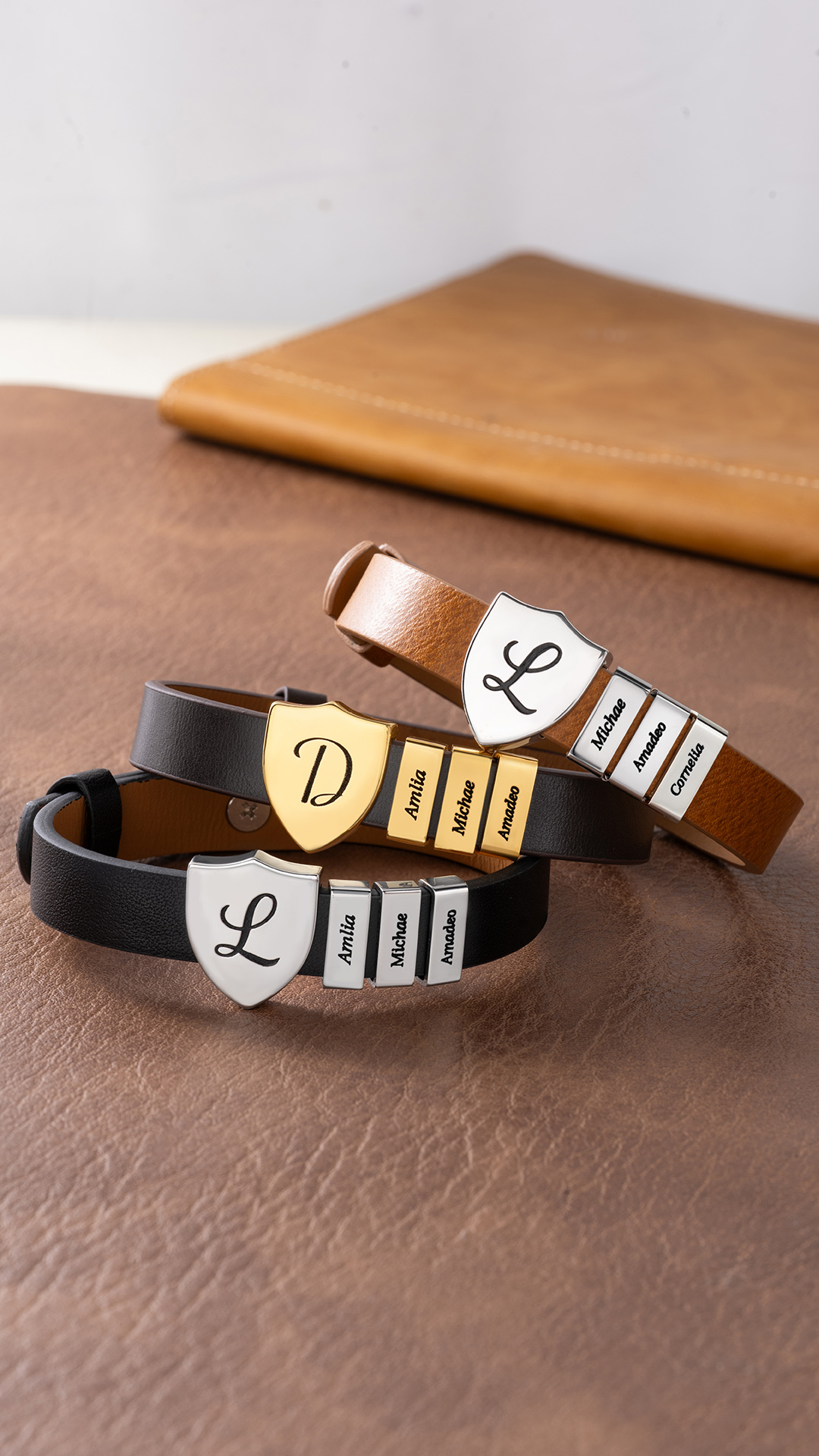 Personalized Shield Bracelet with Name, PU Leather Adjustable Jewelry, Sentimental Family Bracelet, Father's Day/Birthday Gift for Dad/Husba