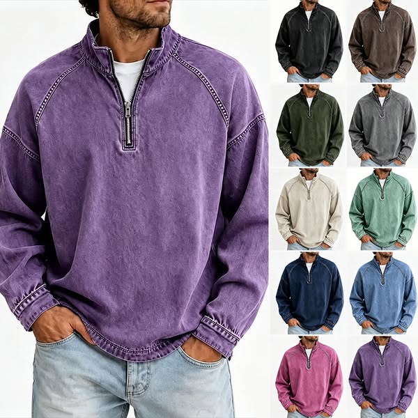 Men's Vintage Washed Quarter Zip Pullover Casual Stand Collar Sweatshirt