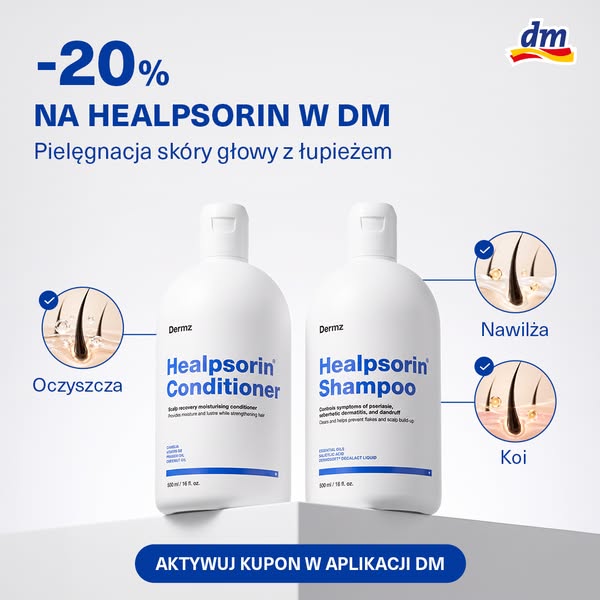 Łupież? Wypróbuj 2 kroki Healpsorin - teraz 20% taniej w Drogeriach dm