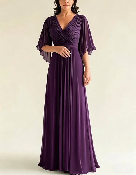 Grey Green Chiffon V-Neck Flutter Sleeves Maxi Dress Deep Purple-24