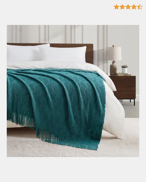 BOURINA Ripple Textured Knitted Throw Blanket Teal 127×152cm | Cozy ripple textured knit fabric, decorative home throw, multi-use for sofa b