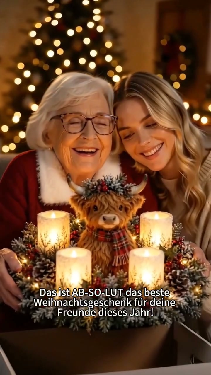 Beleuchtetes Weihnachtsgesteck – Highland Cow, Kerzenschein & Winterzauber