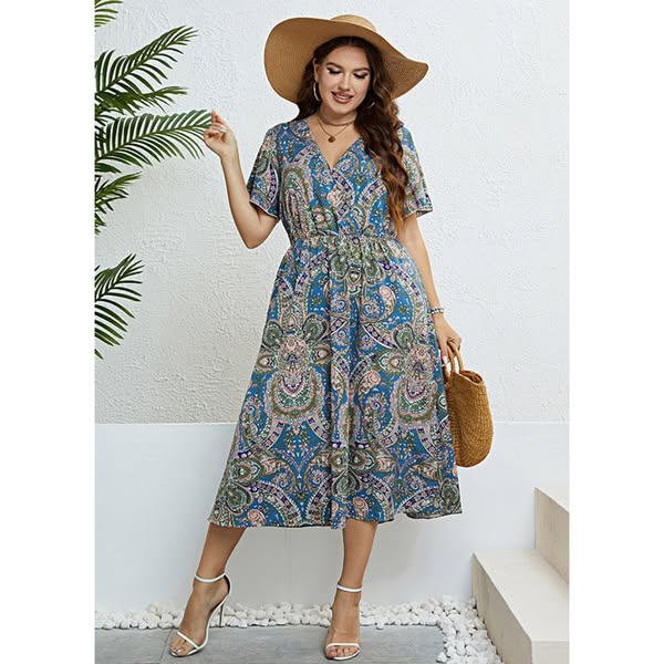 Fine Blue V Neck Print Slim Silk Holiday Maxi Dress Short Sleeve