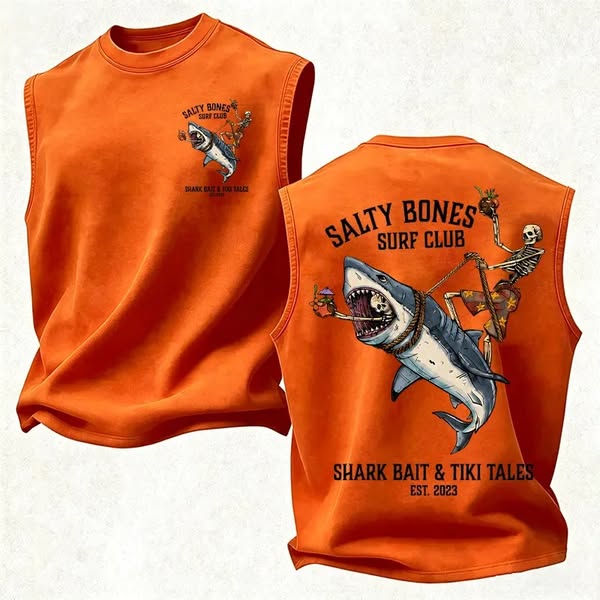 SALTY BONES SURF CLUB SHARK BAIT TIKI TALES Skeleton Riding Shark Vintage Surf Streetwear Skeleton Tattoo & Tiki Bar Print Men's Tank Top Or