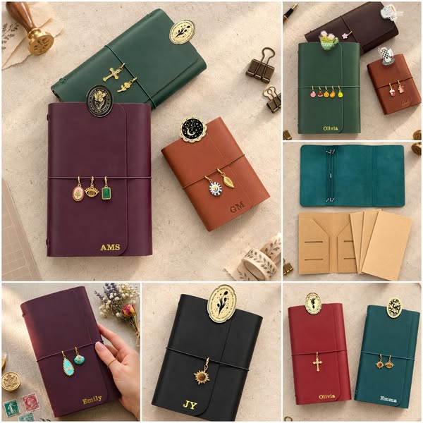 Personalized Leather Journal With Custom Name & Charms