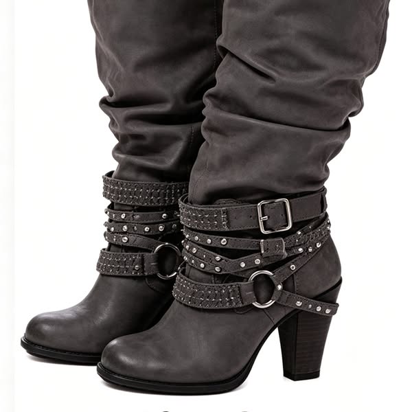 Shoeswoon Rhinestone Multi‑Buckle Slouch Boots Ruched Shaft Side Zip Block Heel