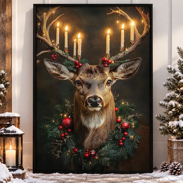 Christmas Reindeer Canvas Painting, The Glow of Christmas Spirit Wall
