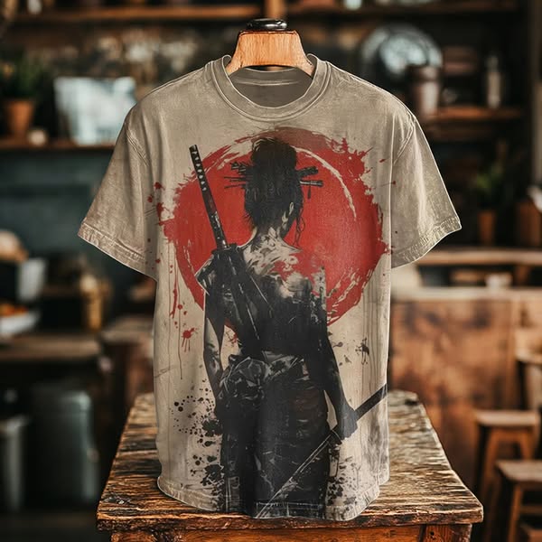 Vintage Elegant Japanese Cool Warrior Girl Art Print T-shirt Khaki-XL$23.99