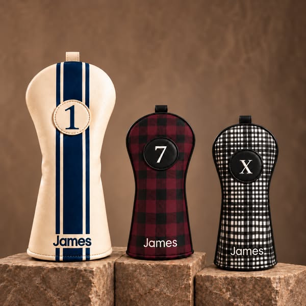 Personalized Golf Club Headcovers With Interchangeable ID Patches, Anti-Loss Adjustable Drawstring, Striped And Plaid Designs Golf Enthusias