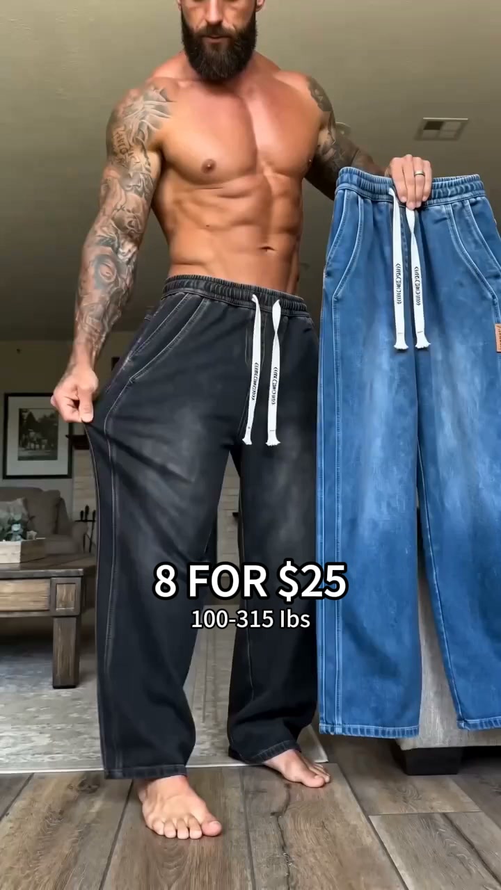 Men's Stretch Denim Jeans – Vintage Washed Straight Leg with Drawstring Waist