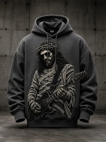 Men's Crown‑of‑thorns Jesus Playing Electric Guitar Art Print Pocket Hoodie