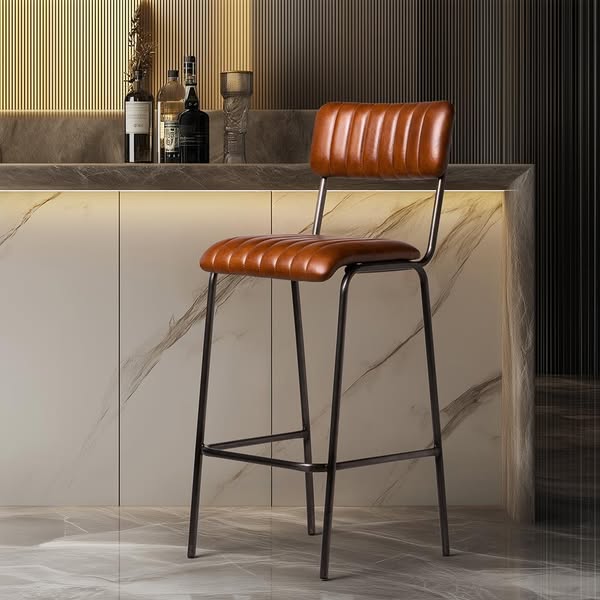 Diner Bar Stool - Tan Leather Seat - Grey Metal Frame - 75cm