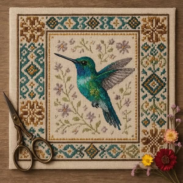 Hummingbird Cross Stitch Kit - Hummingbird / 25cm x 25cm / Stamped Cross Stitch – Beginner-friendly & easy to follow