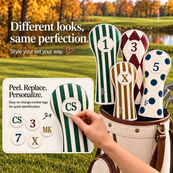 Personalized Golf Club Headcovers With Interchangeable ID Patches, Anti-Loss Adjustable Drawstring, Stripes, Argyle, Polka Dots Designs, Gol