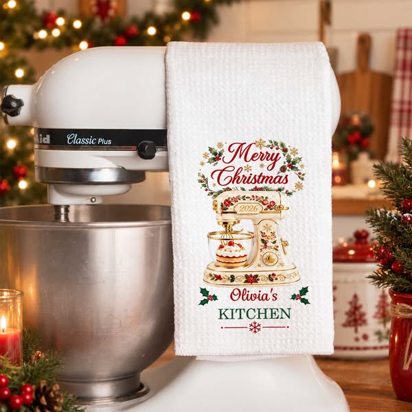Merry Christmas Baking Mixer Tea Towel, Custom Name, Soft Waffle Kitchen Towel, Christmas Gift for Bakers