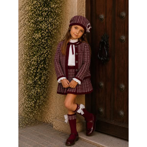 AW26 Rahigo Burgundy Knit Skirt Set with Cardigan, Beret & Socks