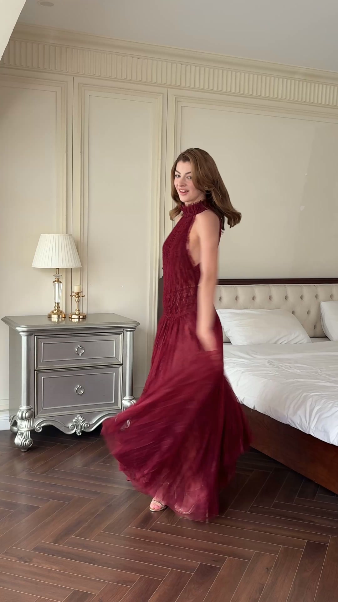 BURGUNDY SMOCKED LACE MAXI DRESS
