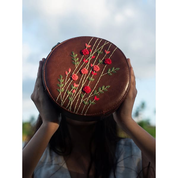 Hand Embroidered Red Rosebuds Round Sling Bag