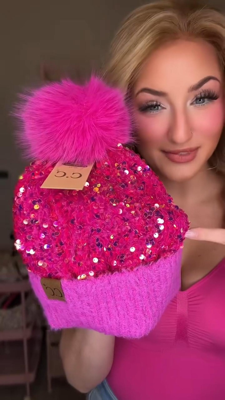 Sequin Fur Pom Beanie for Women